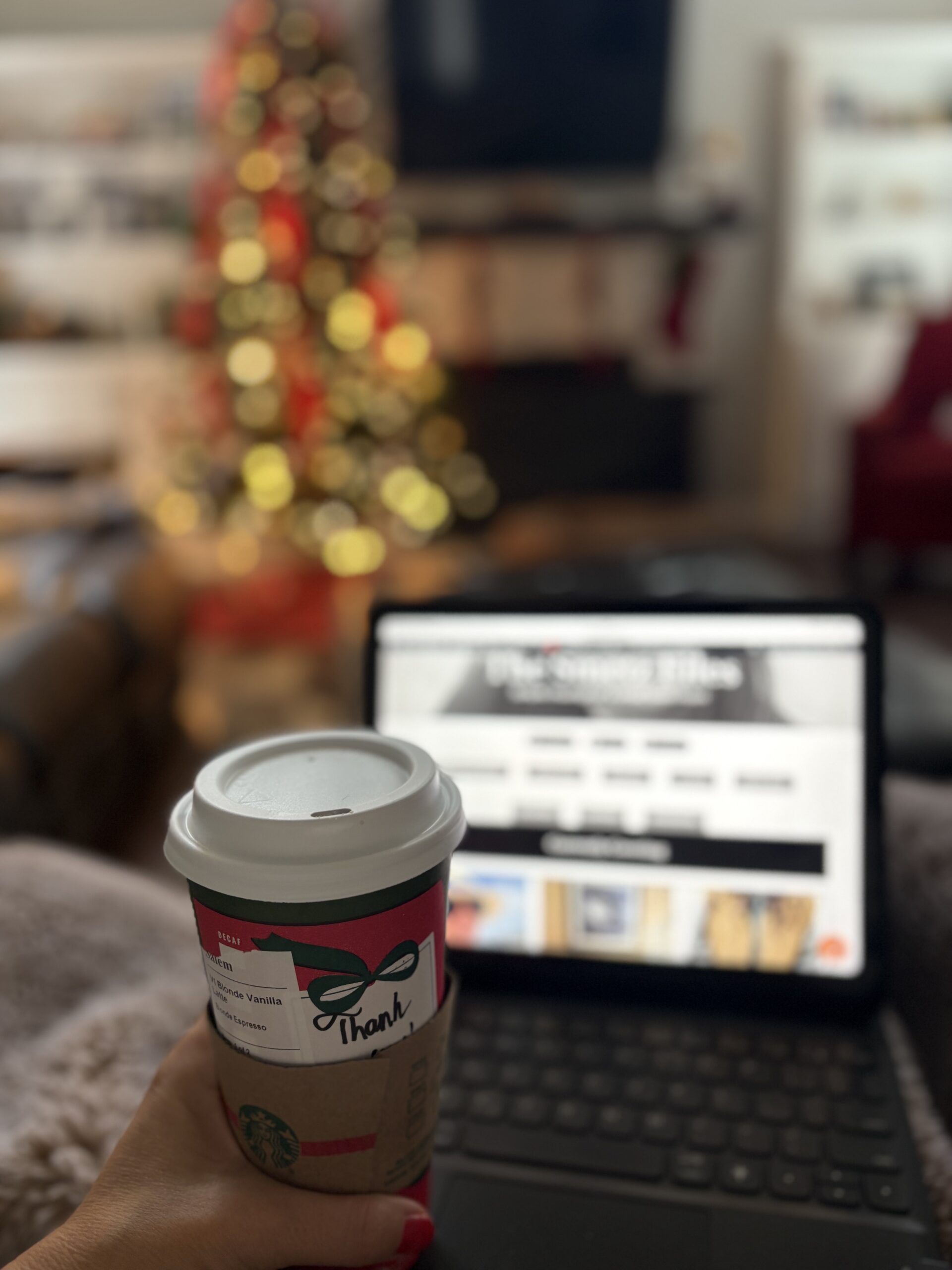 Coffee, iPad, Christmas lights